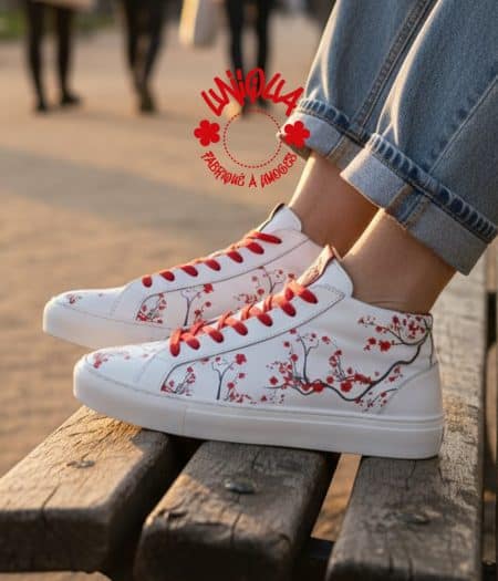 Baskets UNIQUA modèle BELLEGARDE motif Fleurs de Cerisier Blanc Rouge