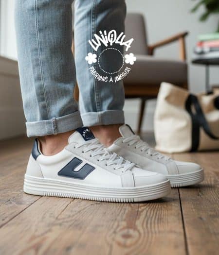 Basket Uniqua - Modèle ORSAY en Velours Blanc, Cuir Blanc et Veau Marine