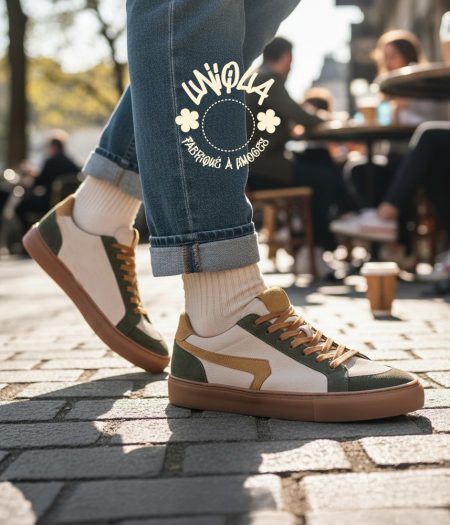 Basket Orsay velours beige kaki et naturel